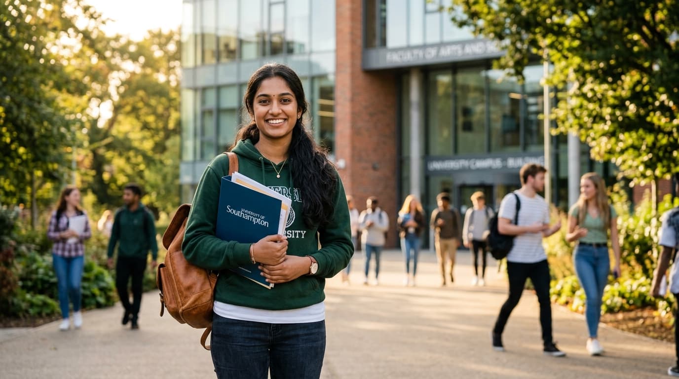 Student standing in front of a university campus building