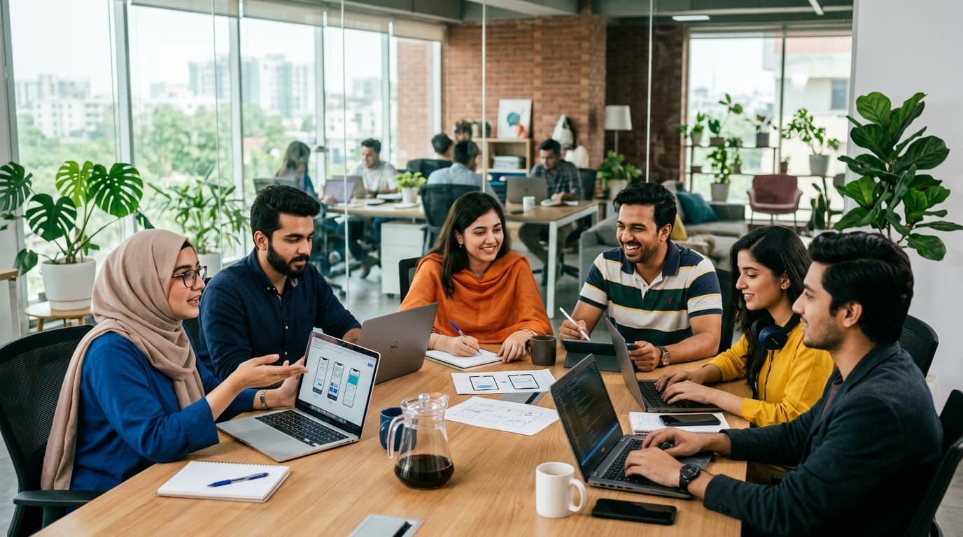 Students collaborating around a table in a modern office