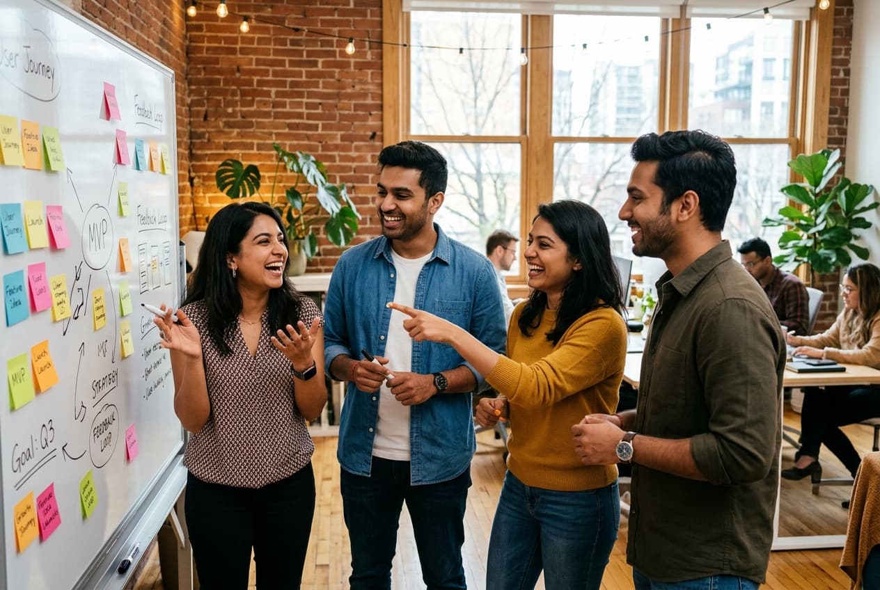 Young professionals brainstorming at a whiteboard