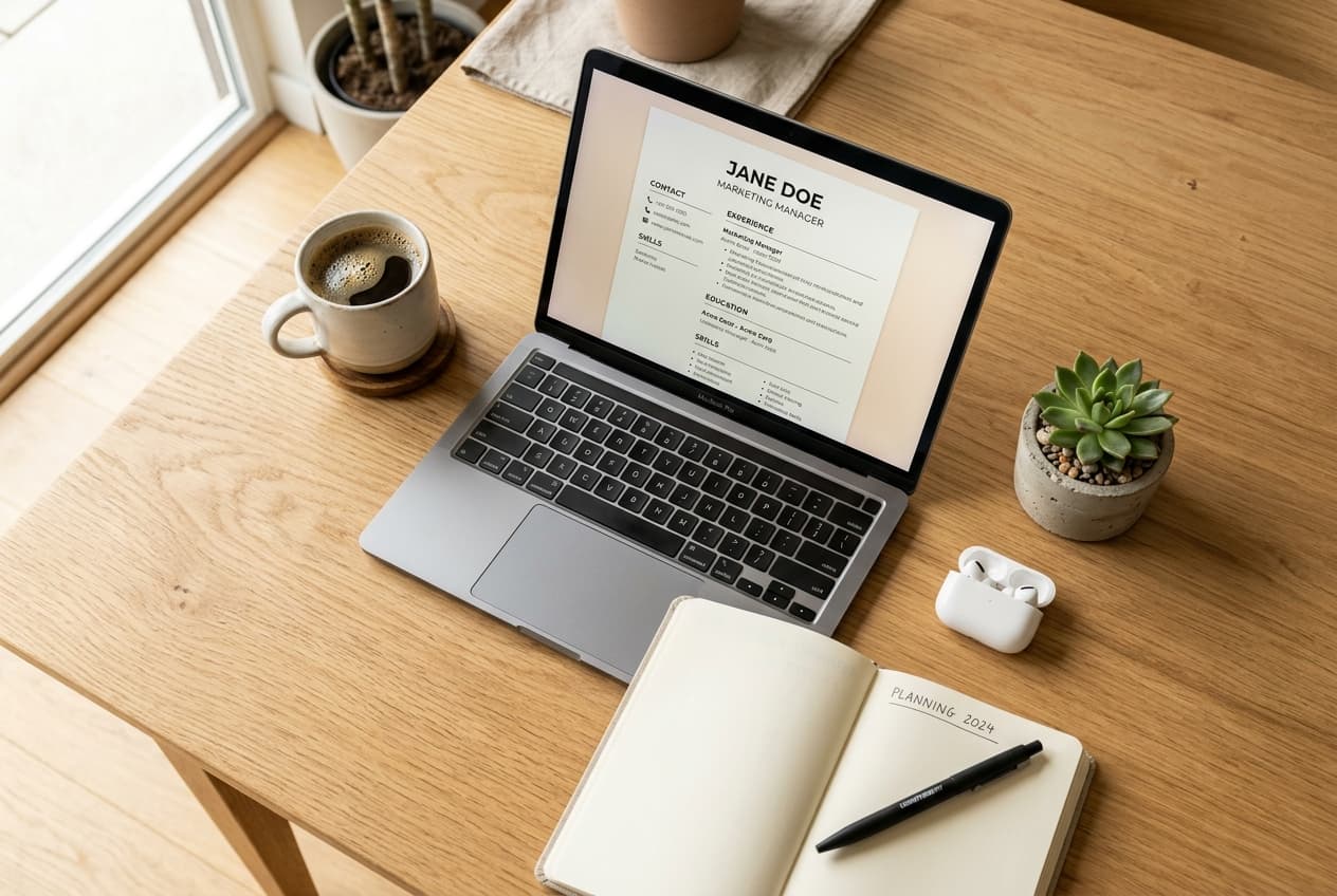 A clean workspace with a laptop showing a resume